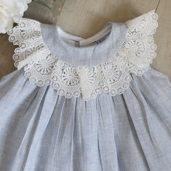 Blue Linen Float Dress Crocheted Lace Collar The Bailey Boys Boutique 3 Months - Picture 2 of 6
